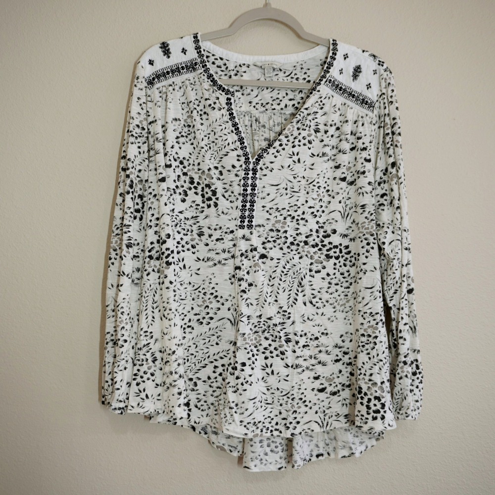 Lucky Brand 3X Split Neck Blouse White Black Floral Embroidered Soft Casual Boho